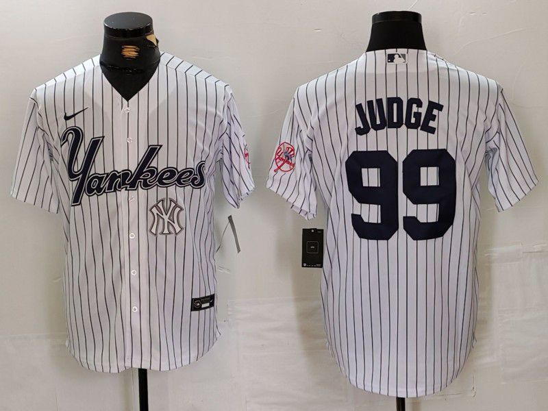 Men New York Yankees #99 Judge White stripe Three generations of joint names Nike 2024 MLB Jersey style 4